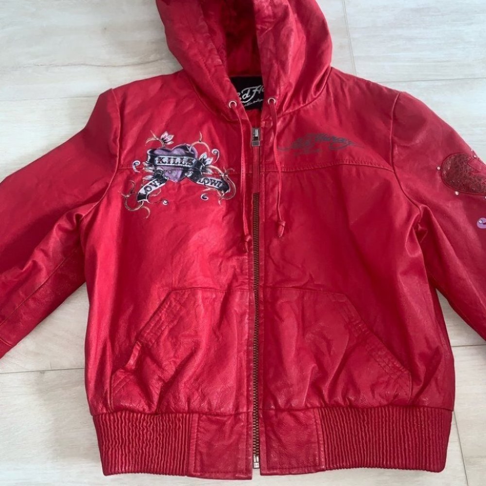 Ed Hardy Leather Jacket Women’s Size Medium Red‎  Y2K Vintage Hooded Authentic - Picture 2 of 12